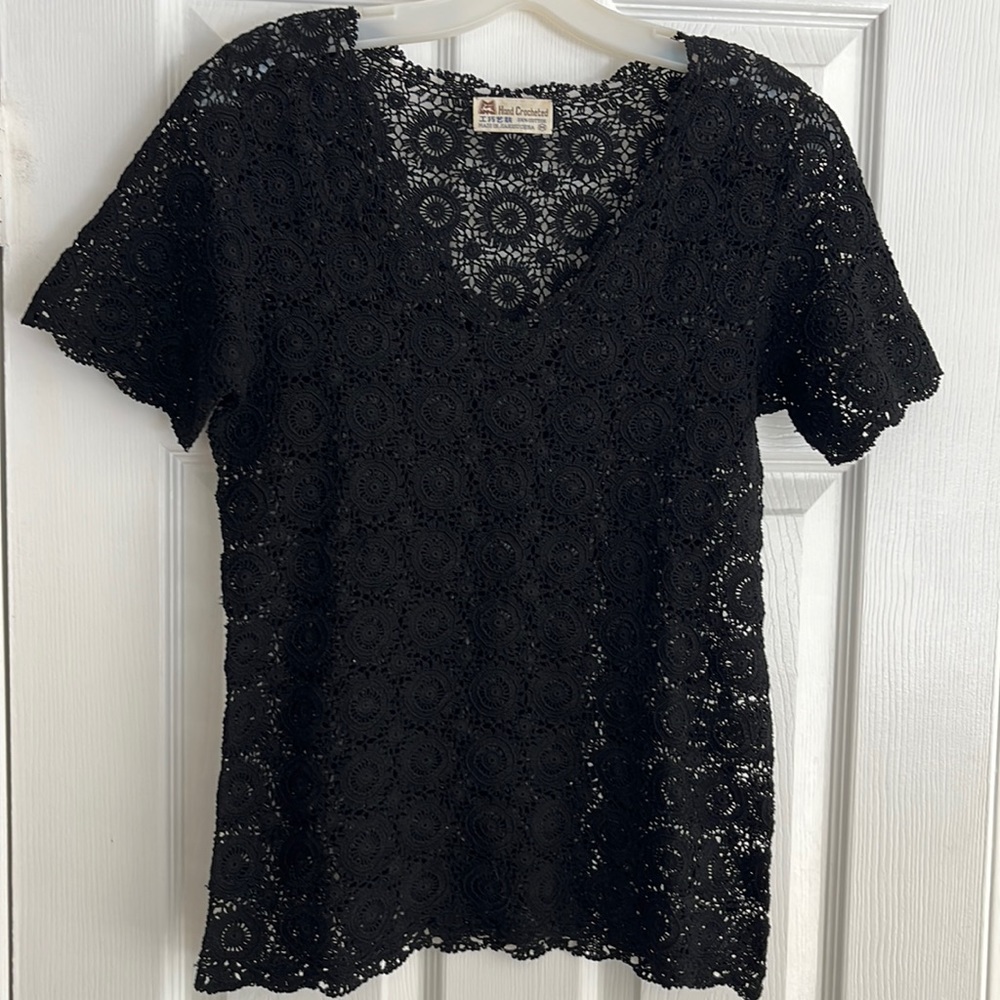 Hand crocheted women’s top. Black cotton.  Size Medium